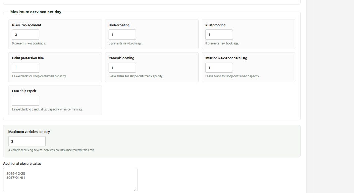 Booking capacity settings showing service limits, daily vehicle maximum, and closure dates; no customer details shown