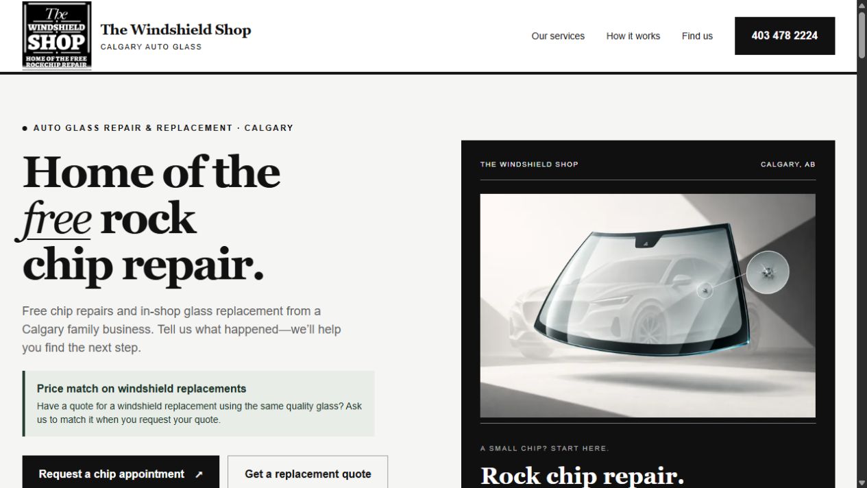 The Windshield Shop's new front page, with distinct service entry points and quote actions