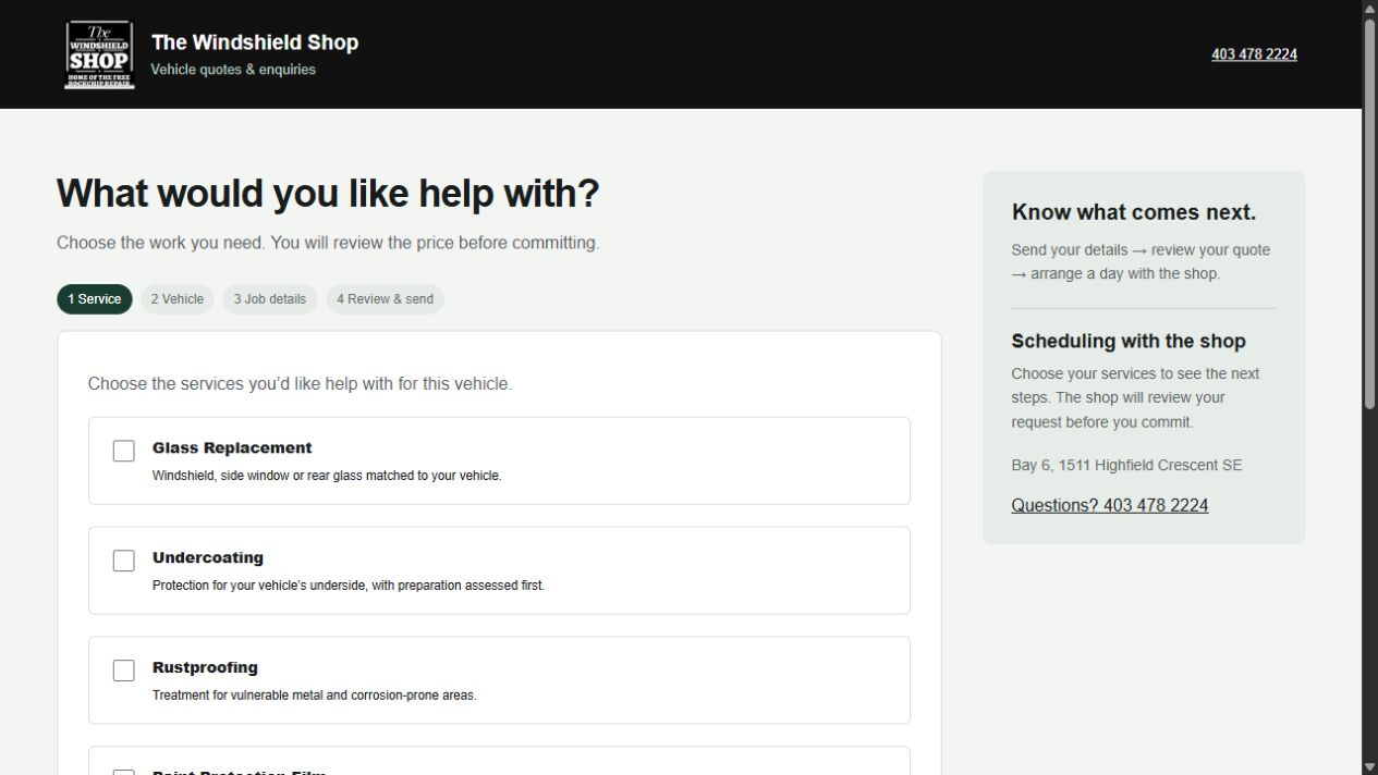 Guided multi-step request with service selection and steps for vehicle details, job details, and review