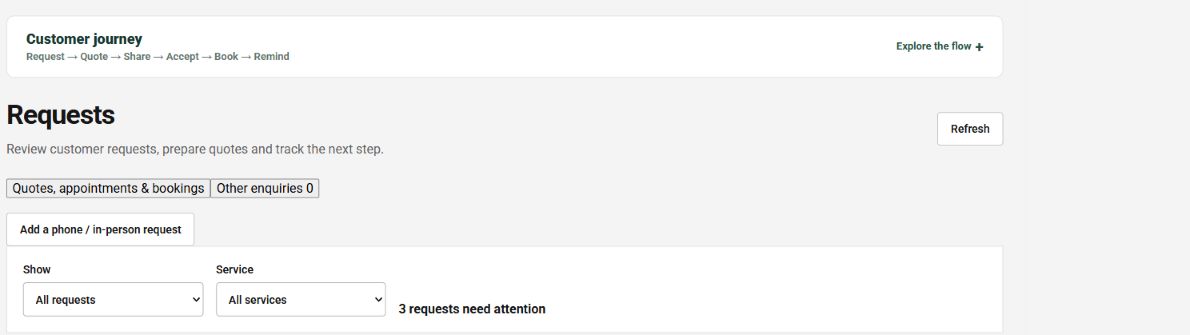 Staff control panel Requests view with request categories, service filters, and a count of requests needing attention; no customer details shown