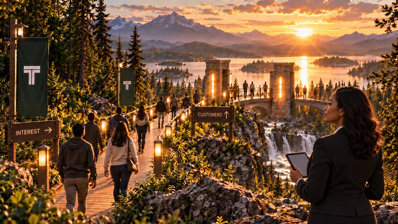 People follow a lit path from Interest toward a bridge marked Customers while a woman looks on.