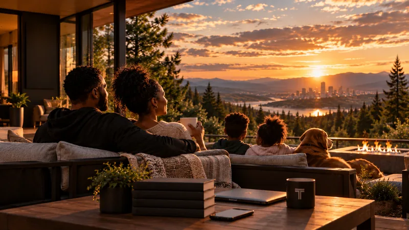 A family sits together on a terrace at sunset with a closed laptop on the table.